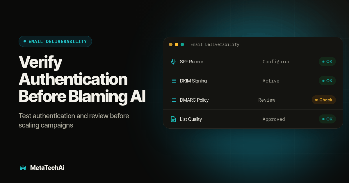 Dashboard panel for Verify Authentication Before Blaming AI listing SPF Record, DKIM Signing, DMARC Policy, List Quality