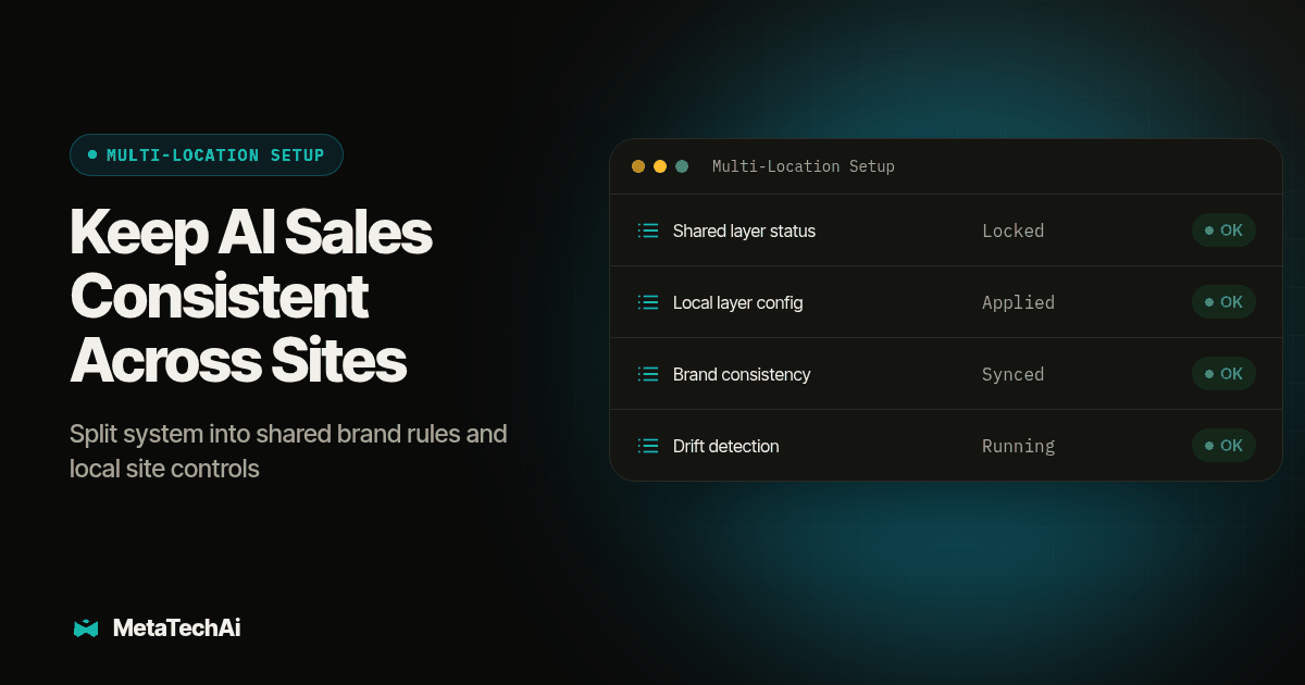 Dashboard panel for Keep AI Sales Consistent Across Sites listing Shared layer status, Local layer config, Brand consistency, Drift detection