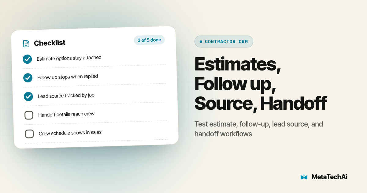 Checklist card for Estimates, Follow up, Source, Handoff: Estimate options stay attached, Follow up stops when replied, Lead source tracked by job, Handoff details reach crew, Crew schedule shows in sales