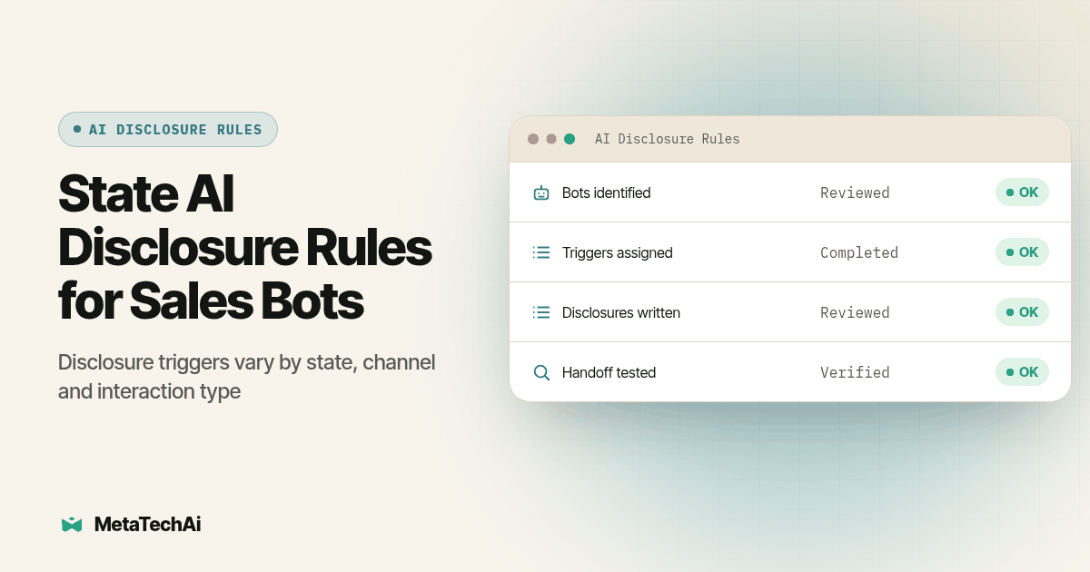 Dashboard panel for State AI Disclosure Rules for Sales Bots listing Bots identified, Triggers assigned, Disclosures written, Handoff tested