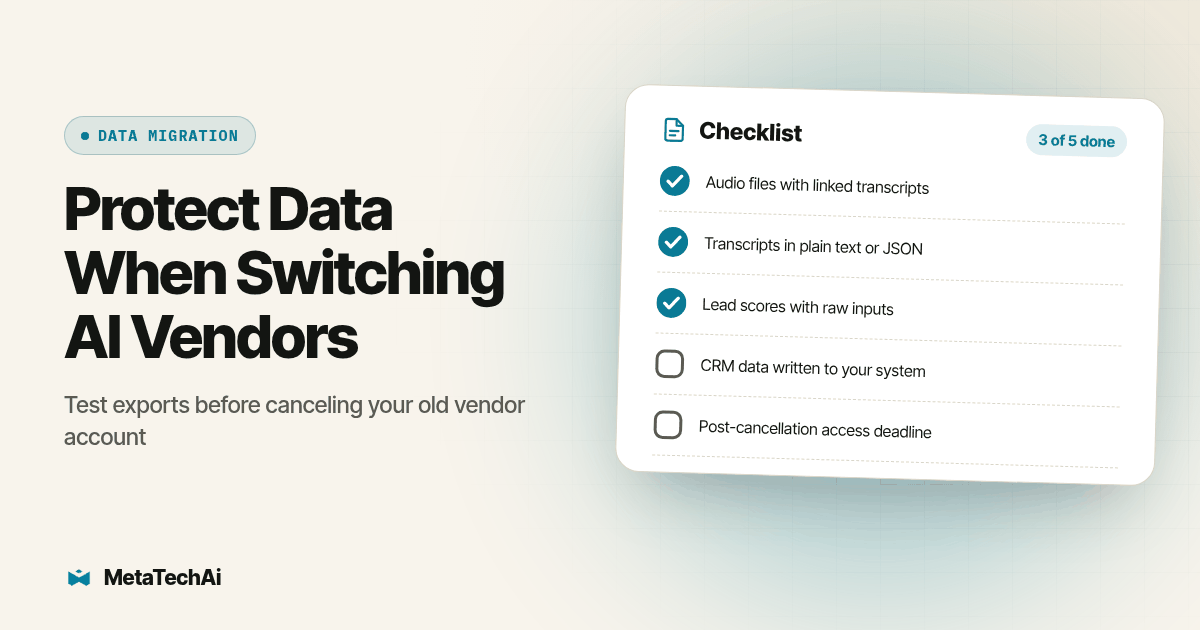 Checklist card for Protect Data When Switching AI Vendors: Audio files with linked transcripts, Transcripts in plain text or JSON, Lead scores with raw inputs, CRM data written to your system, Post-cancellation access deadline